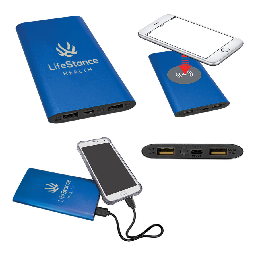LifeStance 8000MAH Power Bank & Wireless Anodized Aluminum Charger with USB-C Cord